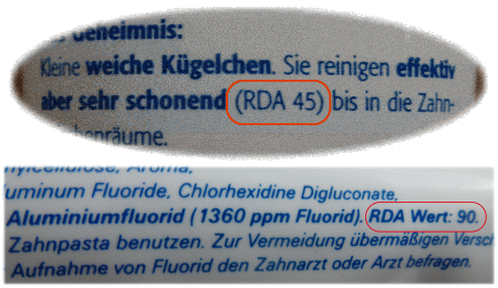 Zahnpastatuben mit RDA-Wert-Kennzeichnung (Abrasivität)